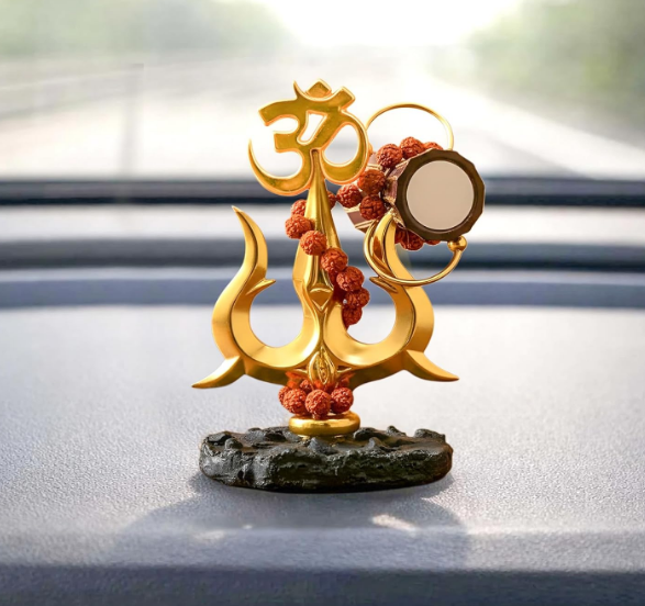 Lord Shiva Trishul showpiece with gold-leaf finish and Rudraksha beads for car dashboard.