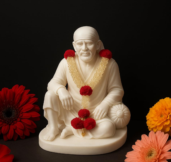 Hand-painted marble stone Shirdi Sai Baba idol for car dashboard, featuring high-grade lacquer finish for heat resistance.