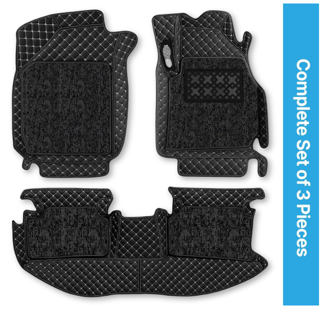 Premium black 7D car floor mats with textured PU leatherette surface and detachable mono grass layer designed for Mahindra Thar.