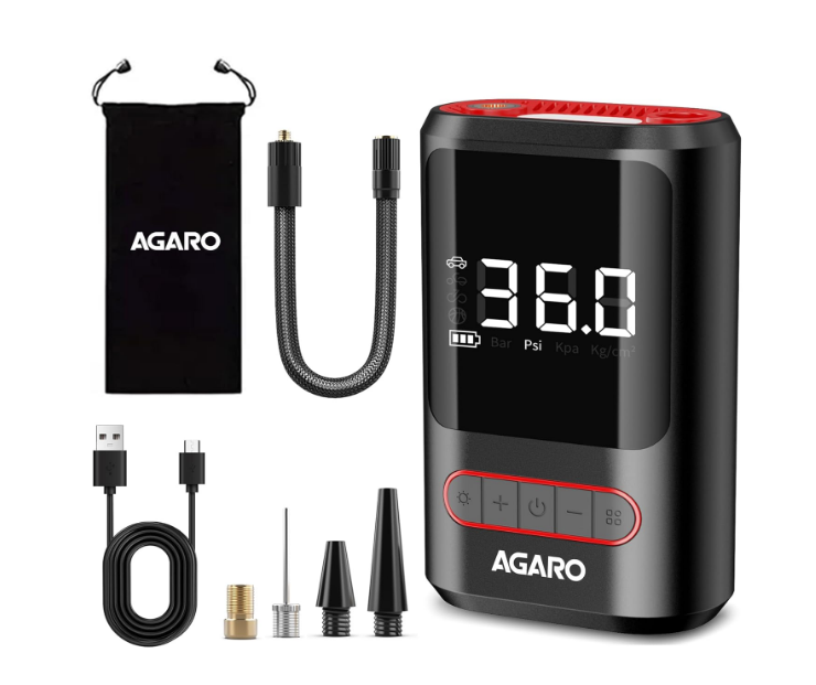 Compact, cordless black portable tyre inflator with digital LED screen and multi-mode LED emergency light.