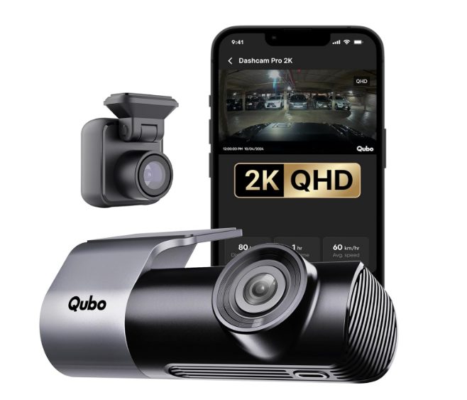 Dual-channel matte black car dashcam featuring front and rear 2K recording lenses with a minimalist profile.