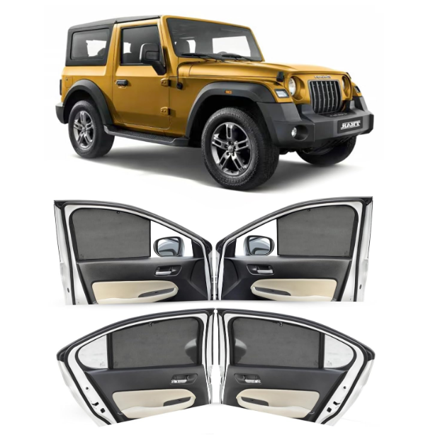 Custom-cut black cotton mesh side window sunshades designed specifically for Mahindra Thar window frames.