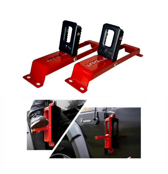 Heavy-duty metal door hinge step in red and black with an anti-skid hollow design, functioning as a foldaway roof ladder.
