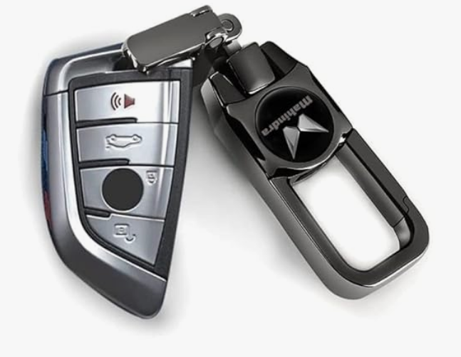 Heavy-duty rectangular stainless steel key chain with a polished metallic finish and detachable valet clip.