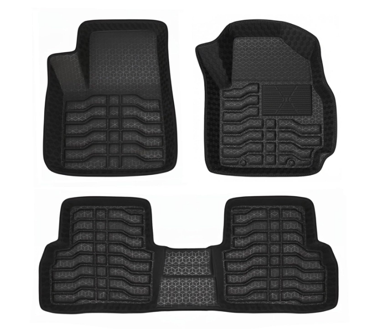 Black 4.5D tray-shape PVC car floor mats with raised edges designed for Maruti Suzuki Brezza.