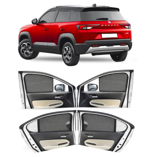 Custom-cut black cotton mesh side window sunshades structured for Maruti Suzuki Brezza window frames.