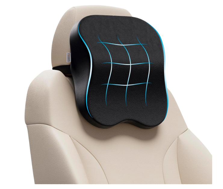 Ergonomic black memory foam car neck rest cushion pillow with an elastic installation strap.