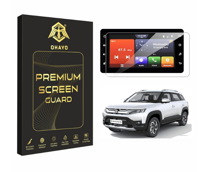 9H hardness tempered glass screen protector guard for Maruti Suzuki Brezza infotainment system.