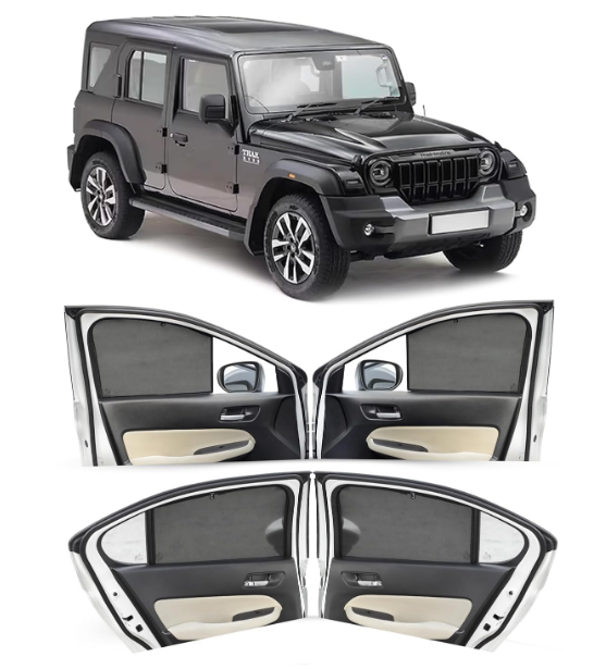 Autofact custom fit black cotton mesh window sunshades set of 8 for Mahindra Thar Roxx