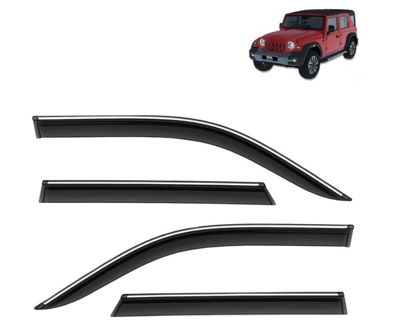 Kingsway dark smoked polycarbonate door visor rain guards with chrome lining for Mahindra Thar Roxx