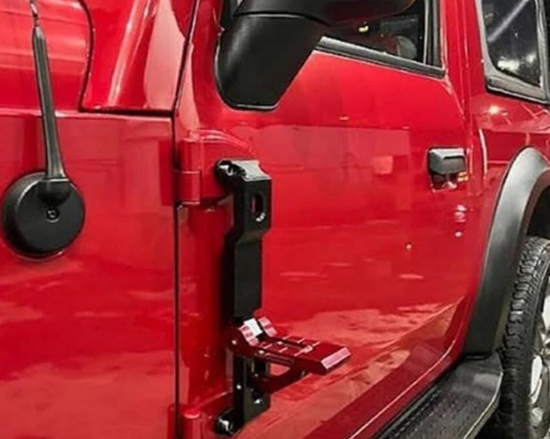 Heavy duty black steel folding foot pedal door hinge step for roof rack access on Mahindra Thar Roxx