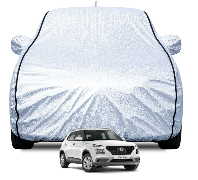 FABTEC metallic silver waterproof car body cover with cotton lining mirror and antenna pockets for Hyundai Venue