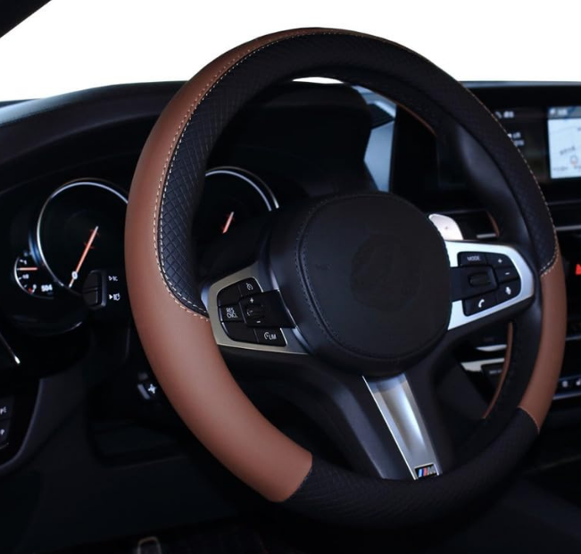 Auto Oprema 15 inch black tan dual tone microfiber leather car steering wheel cover