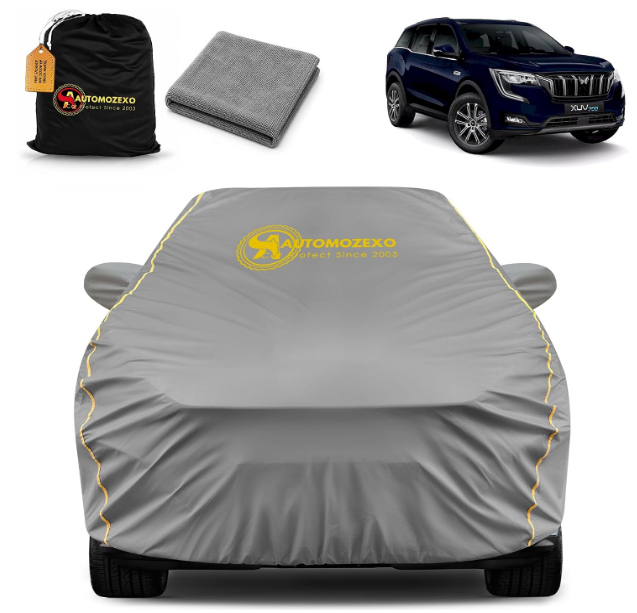 Automozexo grey waterproof all weather car body cover with inner cotton layer for Mahindra XUV 7XO