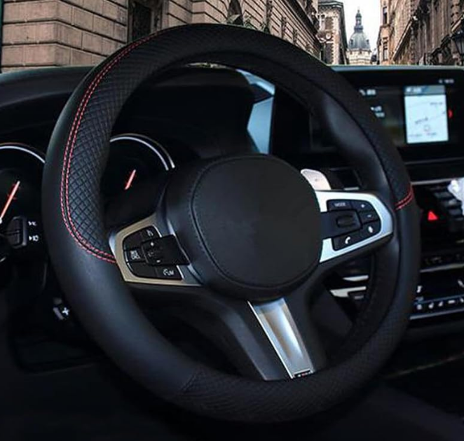Auto Oprema 15 inch breathable microfiber faux leather car steering wheel cover with anti slip inner silicone lining