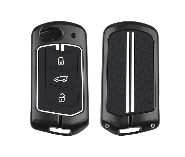 Ashar Key Hub matte black zinc alloy metal key cover case shell with silicone sleeve for Mahindra 3 button flip key
