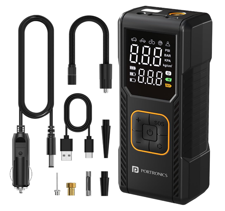 Portronics Vayu 9.0 2 in 1 cordless and corded 12V DC 150 PSI portable digital tyre inflator for Toyota Fortuner