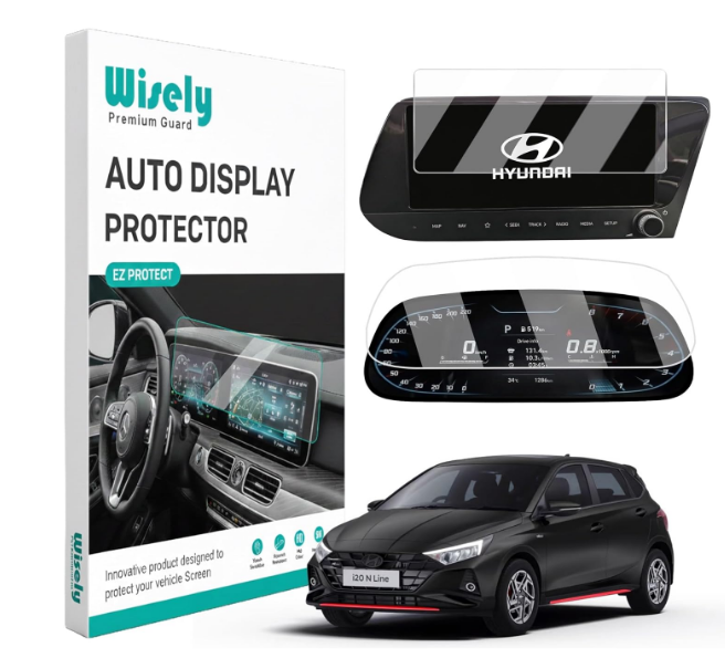 Wisely 9H hardness tempered screen protector guard set for Hyundai i20 10-inch infotainment system and digital instrument cluster