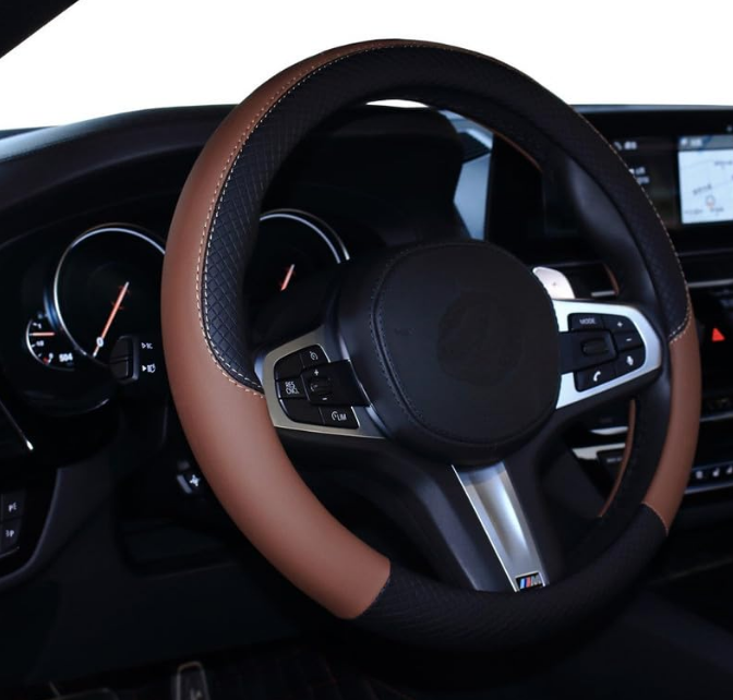 Auto Oprema 15-inch black and tan microfiber leather ergonomic steering wheel cover wrap for Mahindra Bolero