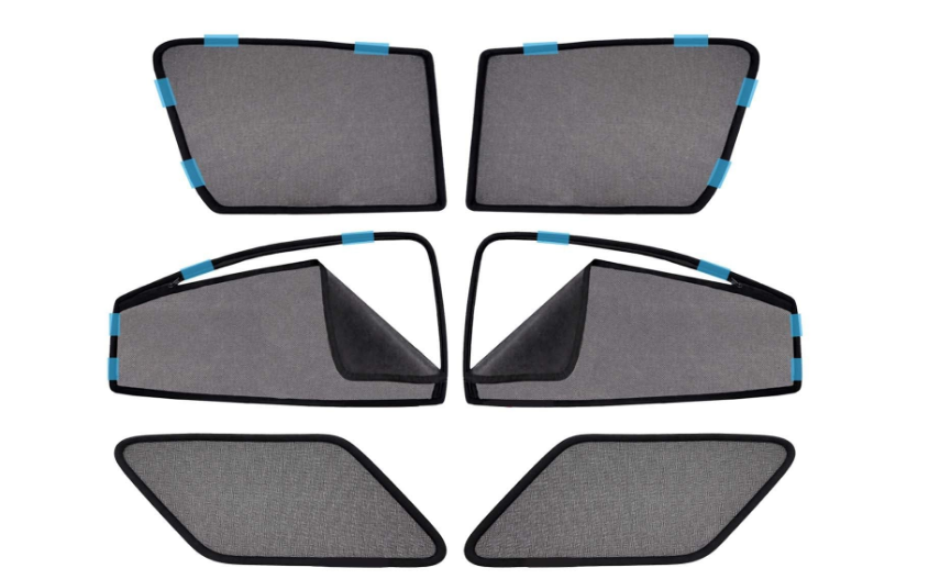 KINGSWAY pack of 6 black cotton mesh magnetic window sunshades with front half-cut and rear zipper custom fitted for Mahindra Scorpio Classic 2022 onwards