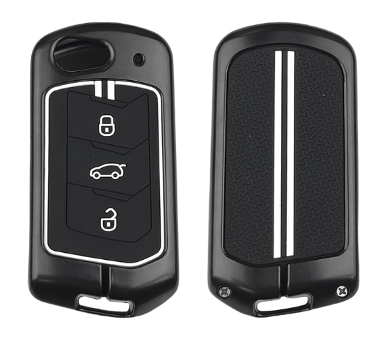 Ashar Key Hub matte black zinc alloy metal and silicone 360-degree protective cover for Mahindra 3-button flip key