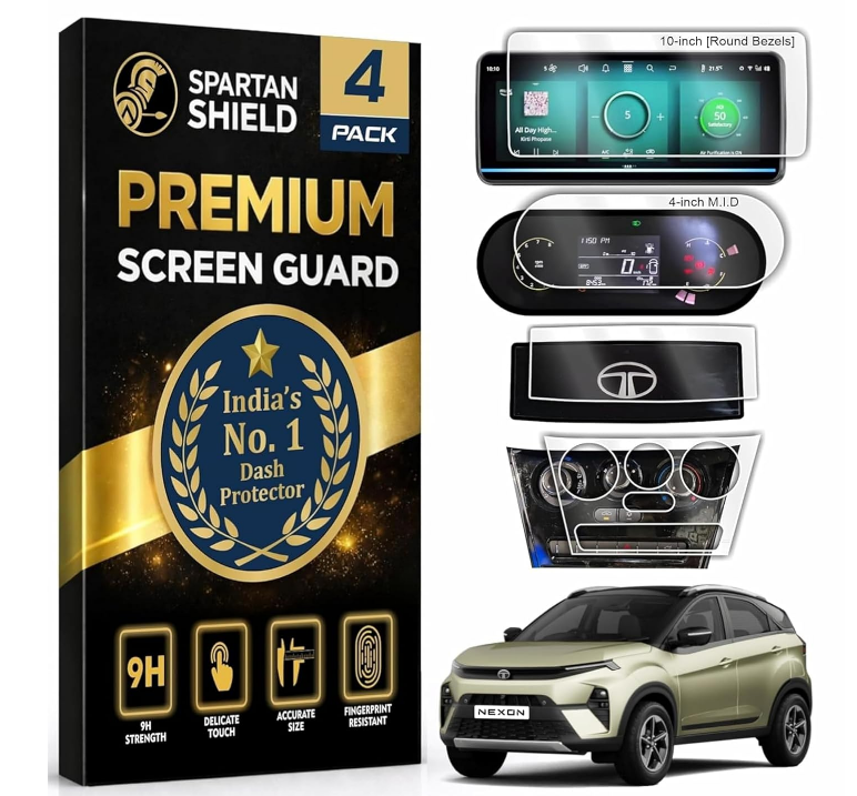 Spartan Shield 4-pack flexible 9H PET screen protector set for Tata Nexon 2026 Facelift 10.25-inch infotainment, MID, and AC panel