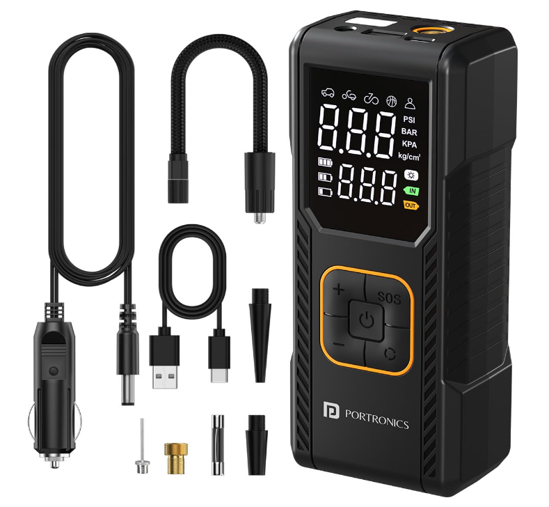 Portronics Vayu 9.0 black portable 2-in-1 cordless and corded digital tyre inflator pump 150 PSI for Tata Nexon