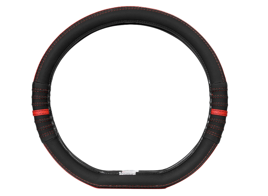 Soft X sporty black and red perforated faux leather D-shape flat bottom car steering wheel cover with anti-slip rubber lining