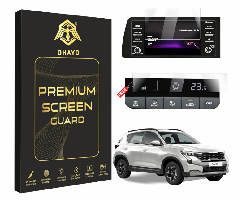 OHAYO 2-pack military strength flexible 9H screen protector film custom cut for Kia Sonet 8-inch touchscreen display and AC climate control panel
