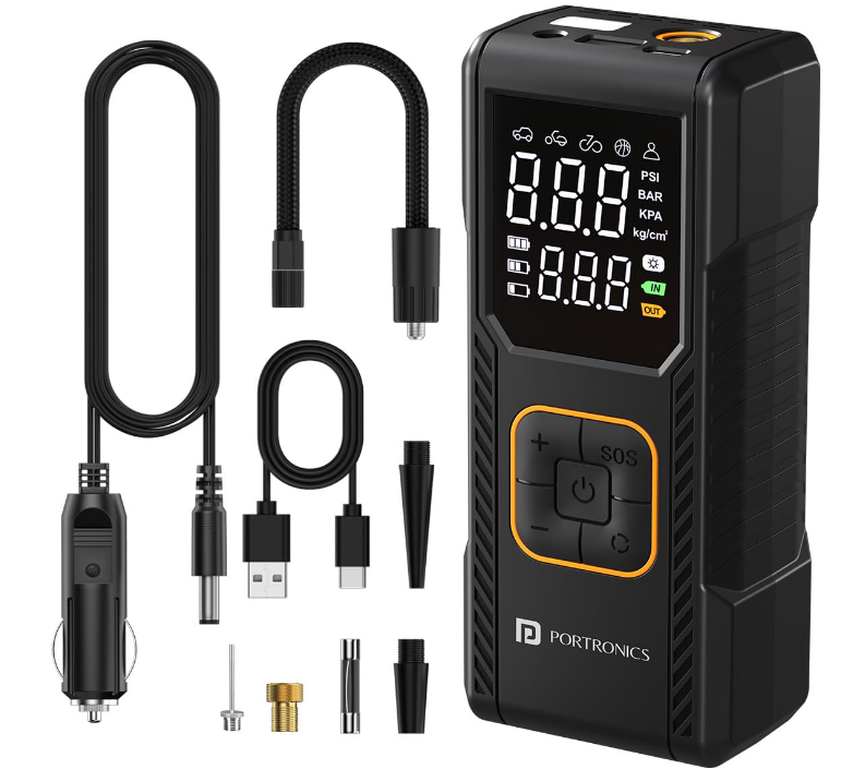 Portronics Vayu 9.0 portable rechargeable 2-in-1 cordless and corded 150 PSI tyre inflator air pump with digital LED display for Kia Sonet