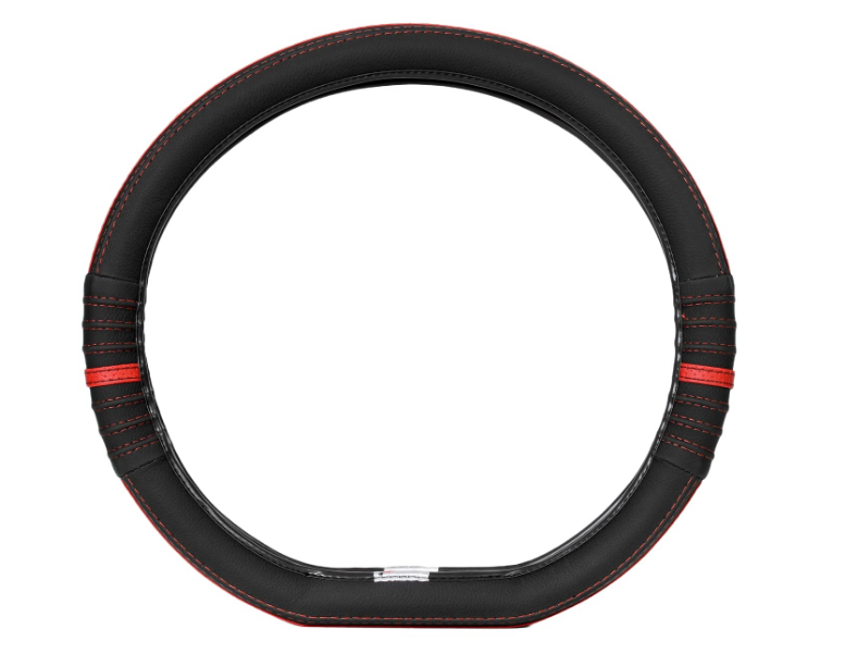 Soft X perforated black and red faux leather flat-bottom D-shape sporty steering wheel cover for Tata Tiago