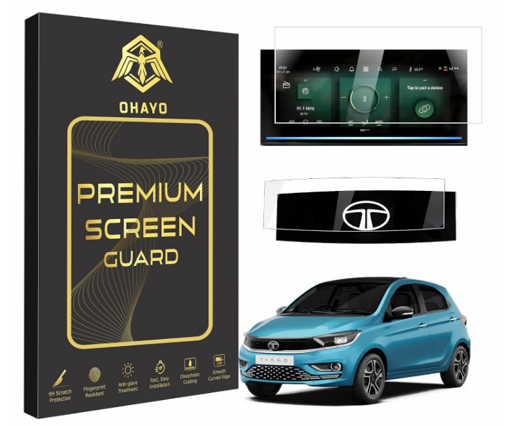 OHAYO 2-pack 9H hardness military strength flexible screen protector film for Tata Tiago 2025 facelift 10.25-inch infotainment display and digital cluster