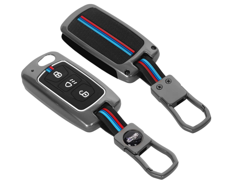 AutoThrill black zinc metal alloy and soft silicone 360-degree protective cover sleeve for Tata 3-button flip key fob