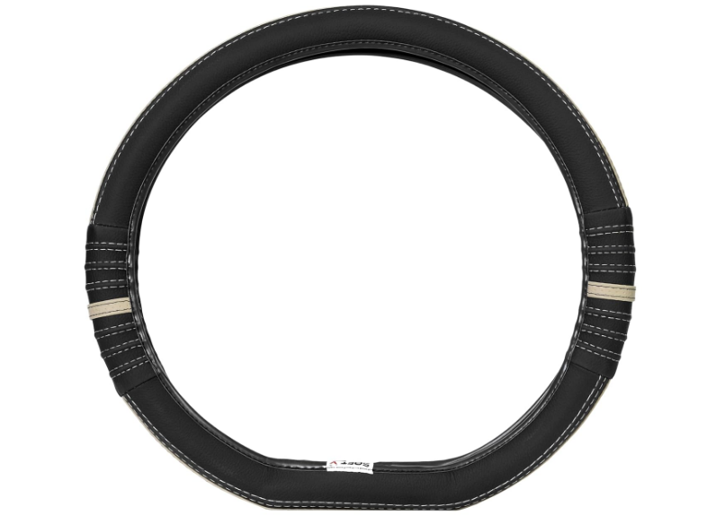 Soft X perforated black and beige faux leather flat-bottom D-shape sporty steering wheel cover for Hyundai Grand i10 Nios