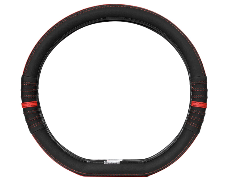 Soft X perforated black and red faux leather flat-bottom D-shape sporty steering wheel cover for Hyundai Exter