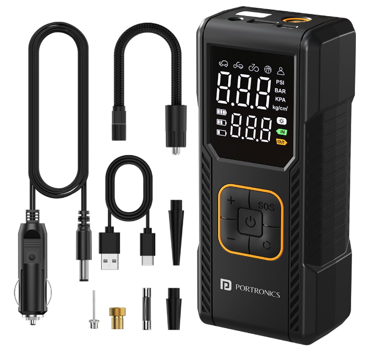 Portronics Vayu 9.0 150 PSI 2-in-1 cordless and corded digital tyre inflator air pump with LED light for Hyundai Exter