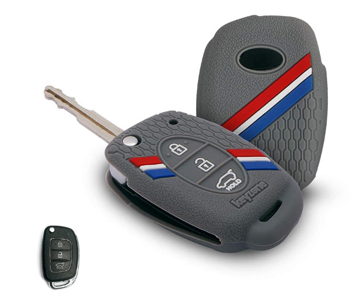 Keyzone striped grey soft silicone protective remote key cover sleeve for Hyundai Exter 3-button flip key