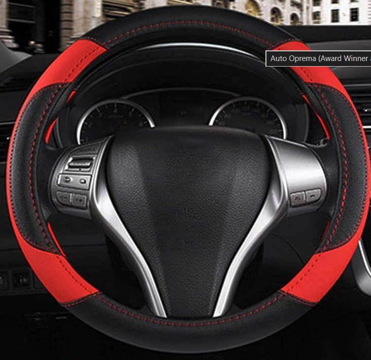 Auto Oprema 15-inch dark black and red microfiber leather universal car steering wheel cover with anti-slip silicone lining