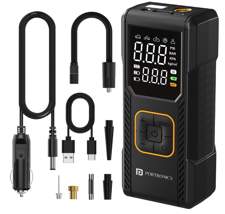Portronics Vayu 9.0 150 PSI 2-in-1 cordless and corded digital car tyre inflator air pump with LED display and auto shut-off