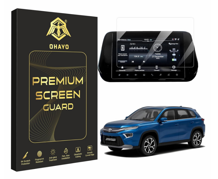 OHAYO 9H tempered glass screen protector guard fitted on Toyota Urban Cruiser Hyryder 9-inch infotainment display screen