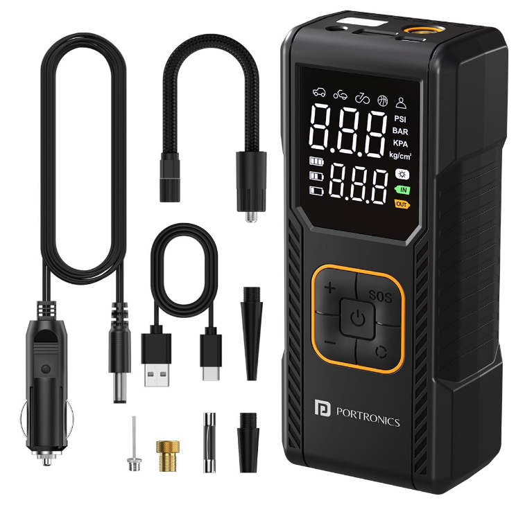 Portronics Vayu 9.0 compact digital tyre inflator pump with LED screen connected to car tire