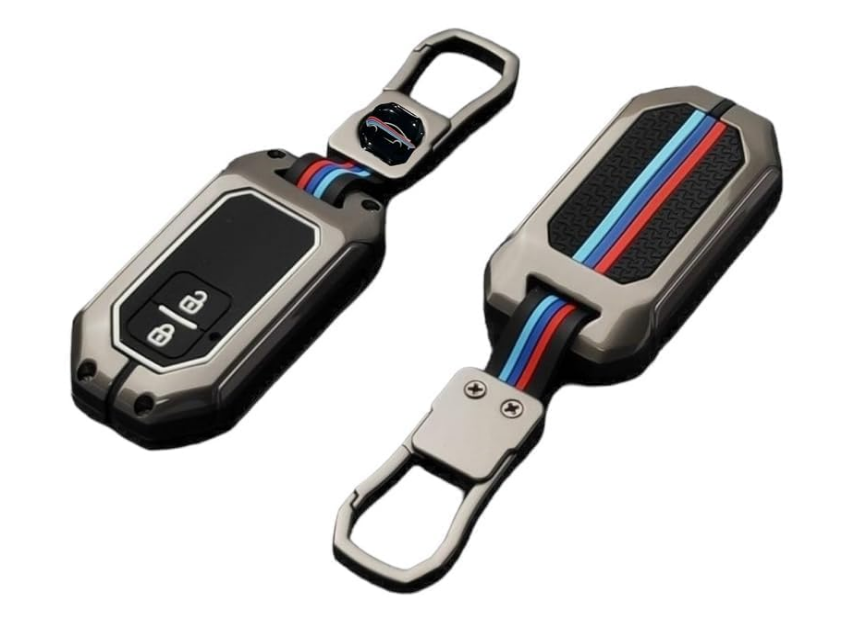 SELLWIZE zinc alloy metal key cover case with leather keychain for Toyota 2-button smart key fob