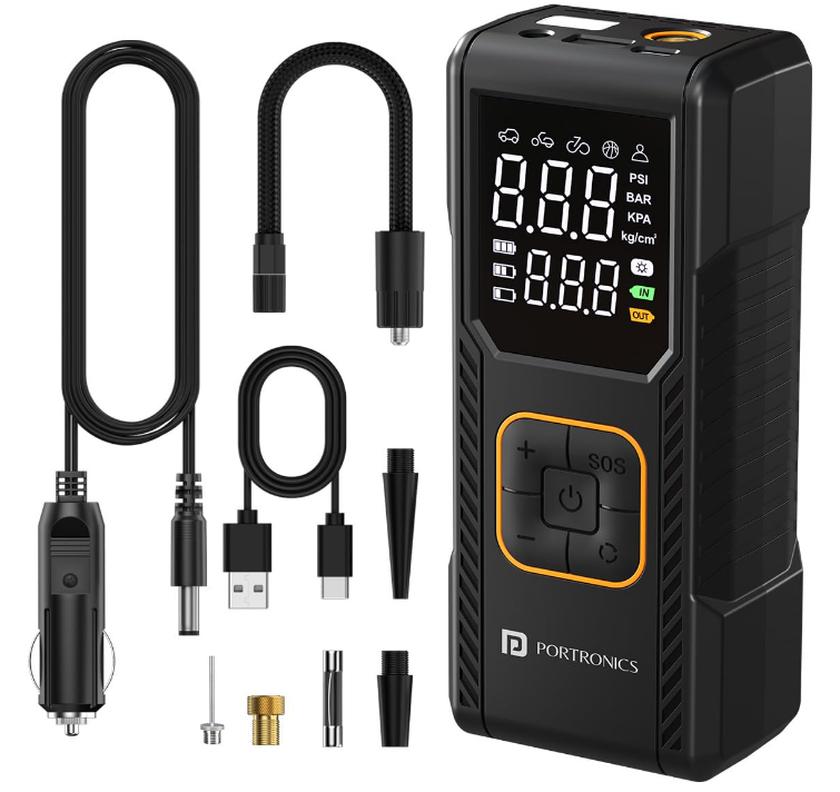 Portronics Vayu 9.0 compact digital tyre inflator pump with LED screen connected to car tire