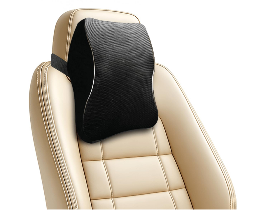 Trajectory black memory foam car neck rest cushion pillow strapped to driver seat headrest posts