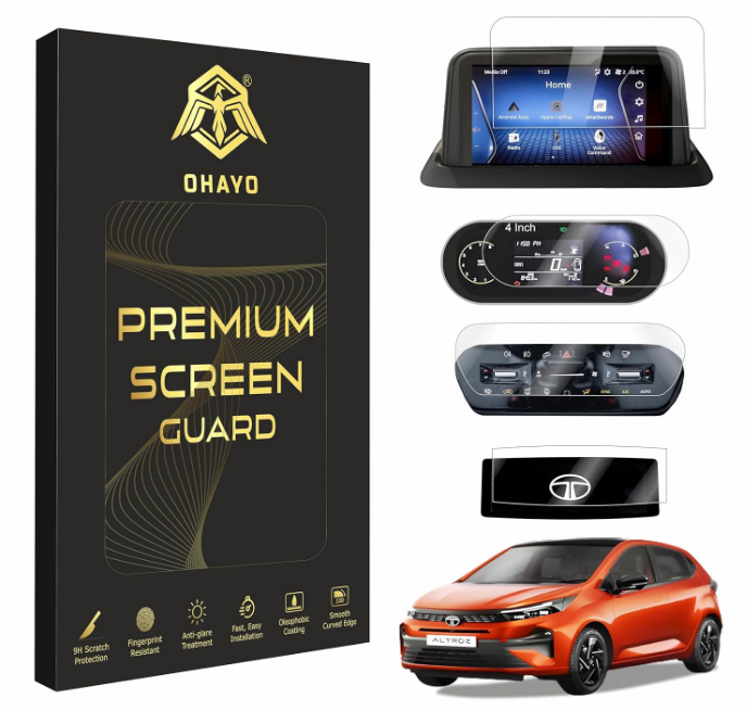 OHAYO 4-in-1 screen protector kit applied on Tata Altroz 7-inch infotainment screen, instrument cluster, and AC control panel