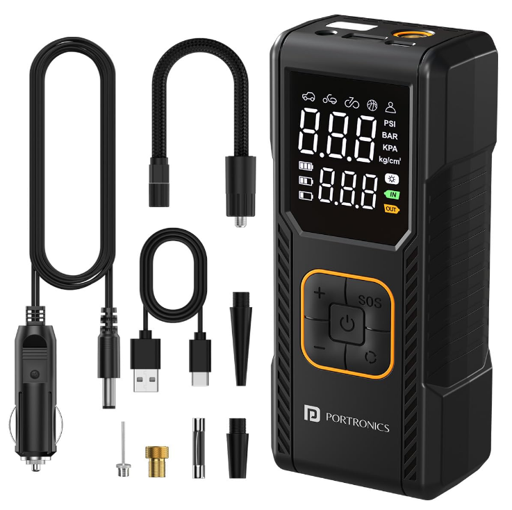 Portronics Vayu 9.0 compact digital tyre inflator pump with LED screen connected to car tyre