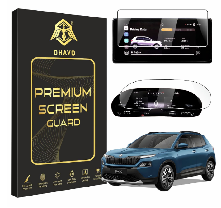 OHAYO 2-piece flexible 9H screen protector film applied on Skoda Kylaq 10.25-inch infotainment screen and 8-inch digital instrument cluster