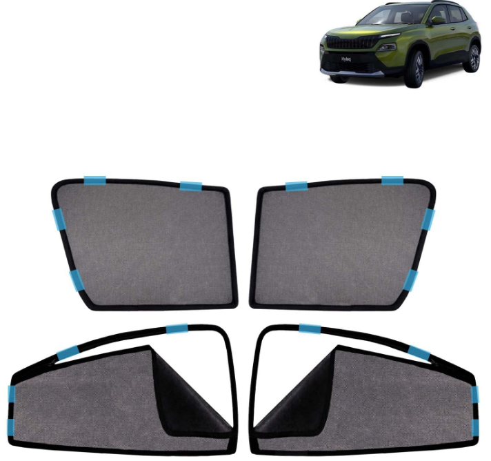 Kingsway custom-fit magnetic Z-black cotton mesh window sunshades pack of 4 mounted on Skoda Kylaq side window frames