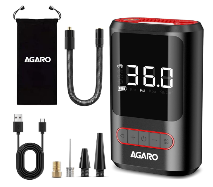 AGARO Galaxy 3-in-1 cordless digital tyre inflator pump with LED screen and hose attached to car tyre valve