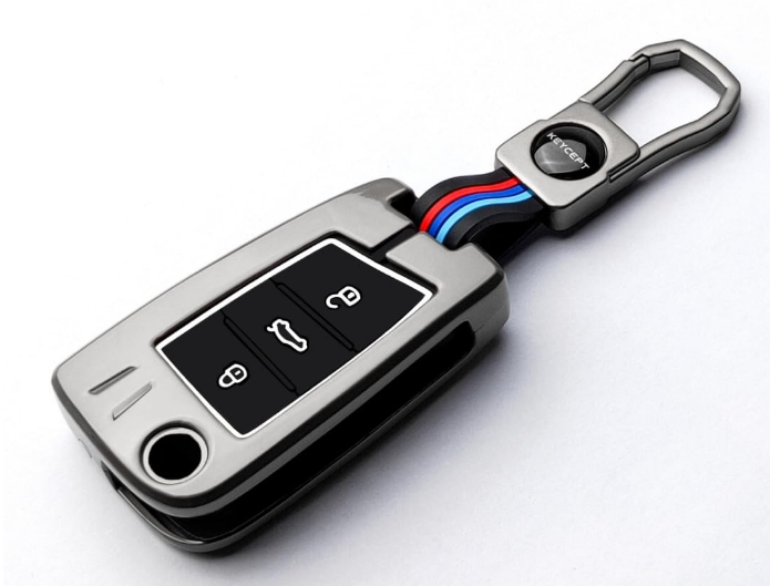KEYCEPT heavy-duty zinc alloy metal key cover case with silicone sleeve for Skoda 3-button flip key fob